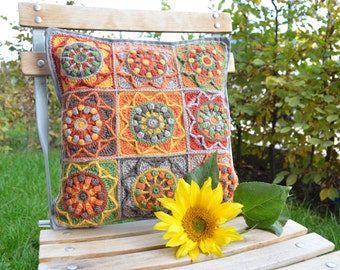 PATTERN Sunflower Crochet Pillow - Granny Square cushion - overlay crochet PDF - instant download