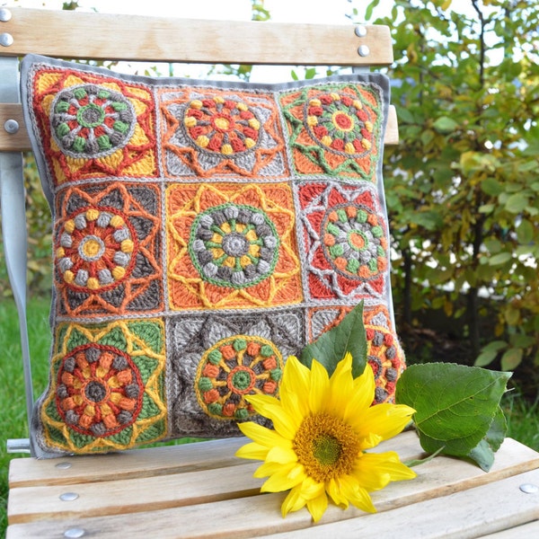 PATTERN Sunflower Crochet Pillow - Granny Square cushion - overlay crochet PDF - instant download