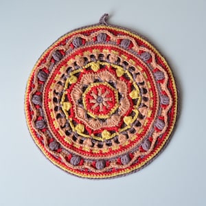 Crocheted Potholder PATTERN - round mandala pot holder - overlay crochet - orange and brown - instant download