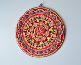 Crocheted Potholder PATTERN - round mandala pot holder - overlay crochet - orange and brown - instant download