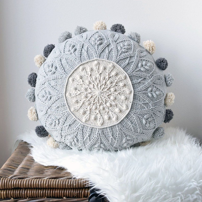 PATTERN: Sakura cabled crochet mandala round pillow overlay crochet cables with pompoms image 3