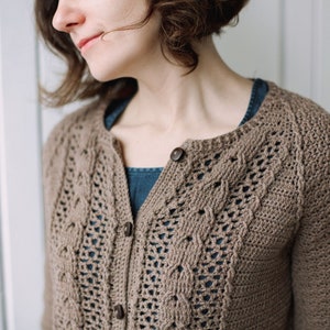 PATTERN Copenhagen crochet cardigan top down seamless cardigan raglan sleeves crochet cables and mesh image 2