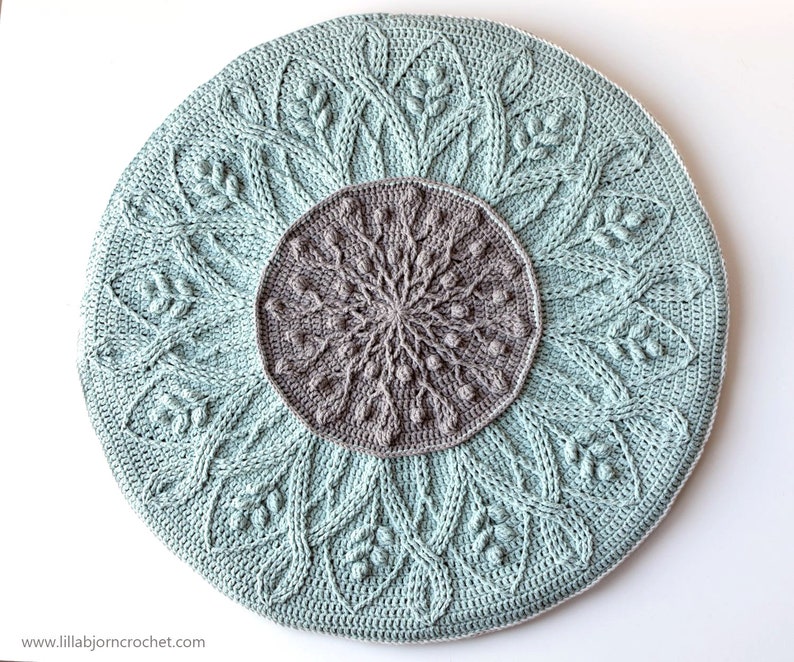 PATTERN: Sakura cabled crochet mandala round pillow overlay crochet cables with pompoms image 7