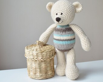 Crochet Teddy Bear pattern - White bear toy with stripes - instant download
