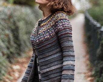 PATTERN - Lola Cardigan - crochet cardigan pattern - seamless - round yoke - top-down - textured - popcorns