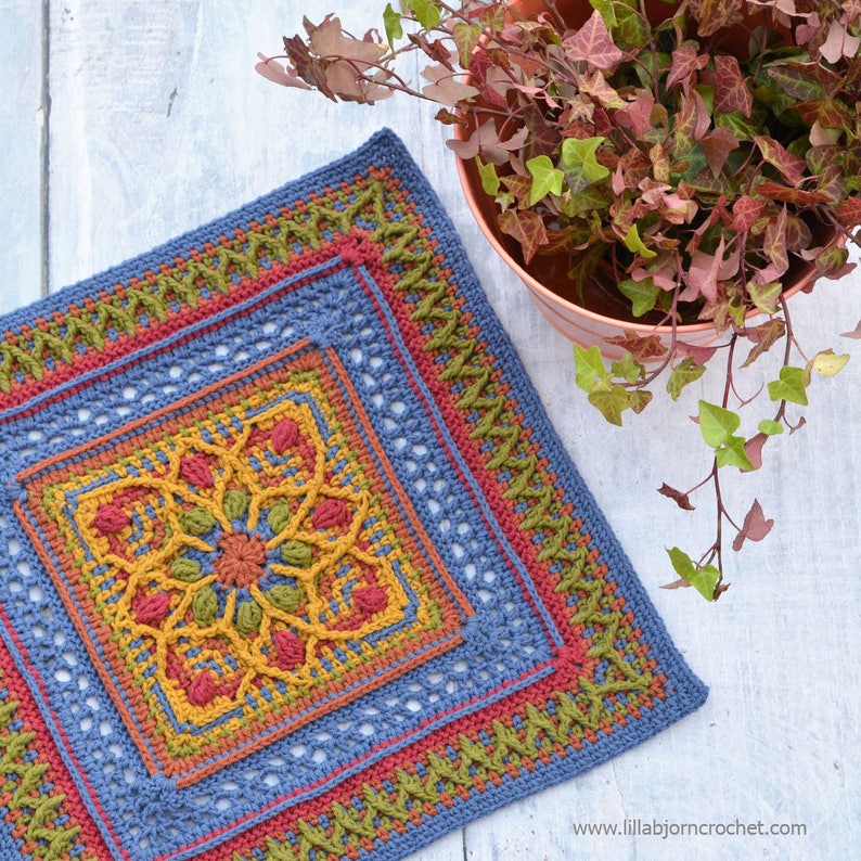 PATTERN different granny square afghan block motif with flower overlay crochet instant download image 1