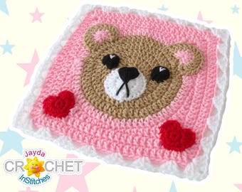 Teddybär quadratisch häkeln - PDF Muster - 31,5 cm Fancy Square - Februar Kalender Decke - Valentinstag - Jayda InStitches