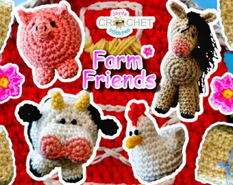 May include: Crocheted farm animal toys, including a pig, cow, horse, and chicken, with hay bales and pink flowers. The animals are arranged in front of a red barn with the text "Farm Friends" in pink letters.