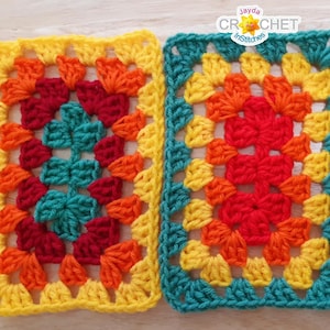 May include: Three crocheted squares in different color combinations. The squares are made with yellow, orange, red, green, and teal yarn. The squares are arranged horizontally.