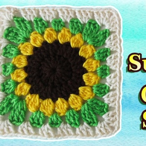 May include: A crocheted sunflower granny square with a brown center, yellow petals, and green leaves. The square is surrounded by a white border. The text "Jayda CROCHET InStitches" and "Sunflower Granny Square" is visible in the image.