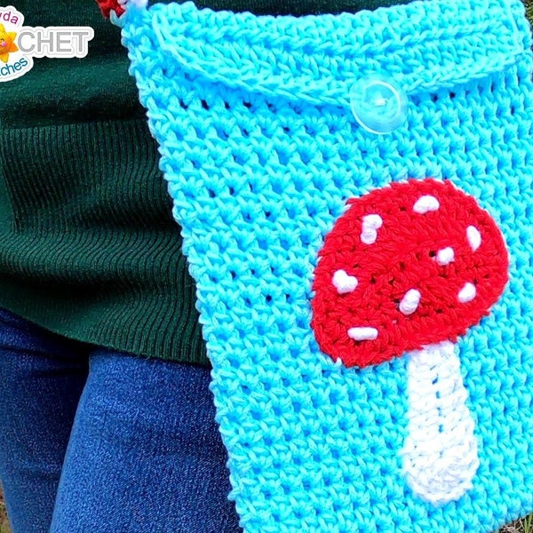 Cross Body Phone Purse with Toadstool Applique - Crochet PATTERN PDF - Cottagecore - Jayda InStitches