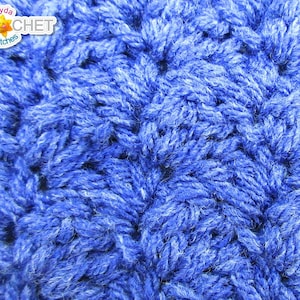 May include: Close-up of a blue crocheted fabric with a textured, woven pattern.