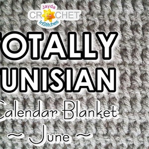 Pode incluir: Um close-up de um cobertor de crochê cinza com o texto "TOTALLY TUNISIAN Calendar Blanket ~ June ~" no topo. O cobertor é feito com um ponto texturizado.