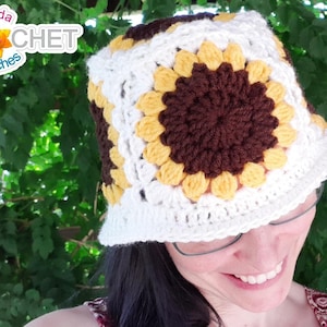 Sunflower Granny Square Bucket Hat Crochet PATTERN PDF - for Children and Adults - Jayda InStitches