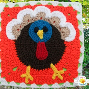 Crochet Turkey Square PDF PATTERN - Autumn Calendar Blanket Motif - 11.5 inch Square - Thanksgiving, Harvest - Jayda InStitches