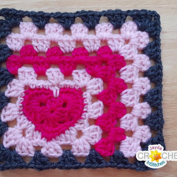 Crochet Mitered Heart At The Centre Granny Square - Crochet PATTERN PDF- 8" Square, Throw Blanket Pattern - Jayda InStitches