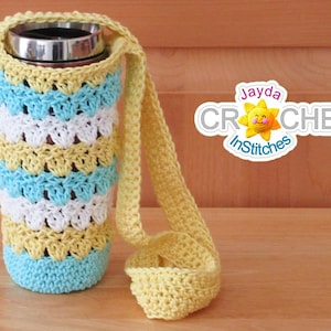 May include: A crocheted water bottle holder with a yellow, white, and blue striped design. The holder has a long strap for carrying over the shoulder. The text "Jayda CROCHET InStitches" is visible in the image.