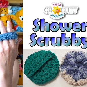 May include: A woman demonstrates how to use a blue crocheted shower scrubber. The scrubber is designed to fit around the hand for easy use. The image also shows two other crocheted scrubbers, one green and one blue and white.