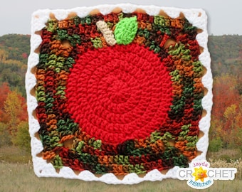Crochet Apple Square PDF PATTERN - September Calendar Blanket - 11.5 inch Fancy Granny - Thanksgiving, Back to School, Harvest