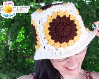 Sunflower Granny Square Bucket Hat Crochet PATTERN PDF - for Children and Adults - Jayda InStitches