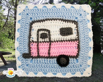 Vintage Travel Camper Trailer Square Motif - CROCHET PATTERN PDF- 11.5 inch Fancy Square - August Calendar Blanket - Jayda InStitches