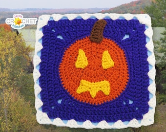 Jack-O-Lantern Square Crochet PATTERN PDF - October Calendar Blanket - 11.5 inch Fancy Granny - Pumpkin, Halloween, Thanksgiving Square
