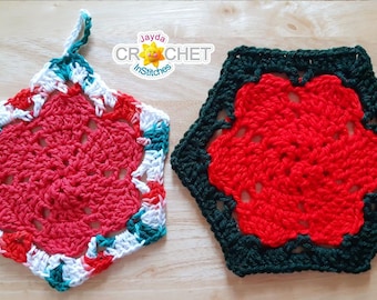 Poinsettia Dishcloth Crochet Pattern - Hexagon Motif for Blankets, Sweaters, Scarves & Bags - Jayda InStitches