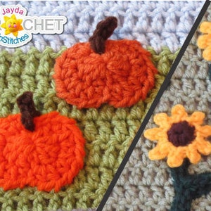 Pode incluir: Abóboras e girassóis de crochê em laranja, amarelo e verde. As abóboras estão sobre um fundo verde e os girassóis sobre um fundo marrom. O texto "Jayda CROCHET InStitches" está no canto superior esquerdo da imagem.