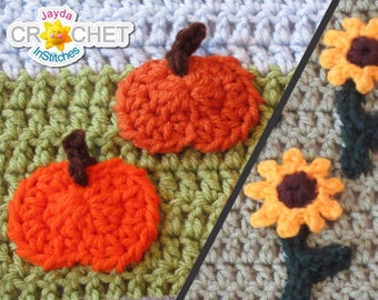 Sunflower & Pumpkin Appliques Crochet PATTERN PDF - 2 Pattern File - Folk Art Calendar Blanket 2019 - Jayda InStitches