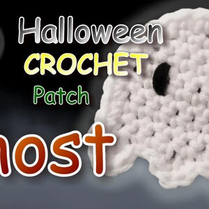 May include: White crocheted ghost with black eyes. Halloween crochet patch ghost.