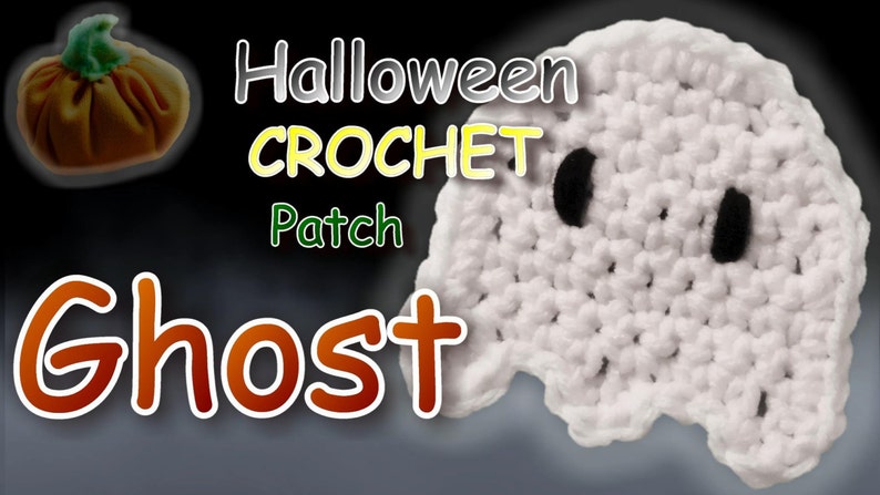 May include: White crocheted ghost with black eyes. Halloween crochet patch ghost.