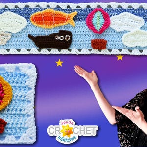 Adventurous Skies Panel Crochet PATTERN PDF - August Calendar Blanket - Airship, Hot Air Balloon, Cloud - Jayda InStitches