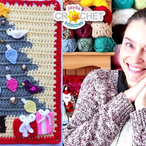 May include: Crocheted Christmas tree wall hanging with a gray tree, decorated with colorful ornaments, birds, and a star. The tree is on a cream background with a red border. The text "Jayda Crochet in Stitches" is in the upper left corner.
