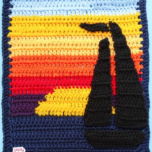 May include: A crocheted square featuring a sunset design with shades of blue, yellow, orange, and red. Two black shapes are in the foreground. The border is dark blue, and the text "Jayda Crochet inStitches" is in the lower left corner.