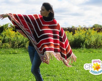 Crochet Striped Poncho with Fringe PATTERN PDF - Vintage Boho Clothing, Autumn, Halloween, Adults & Kids - Jayda InStitches