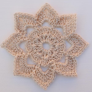 May include: A beige crochet doily featuring a central circular motif surrounded by eight pointed, petal-like shapes. The design includes a small open center and intricate yarn stitching throughout. The text Jayda InStitches is visible.
