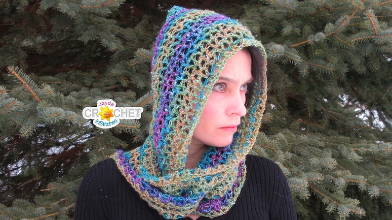 Luxe Hooded Scarf crochet pattern listing photo by JaydaInStitches