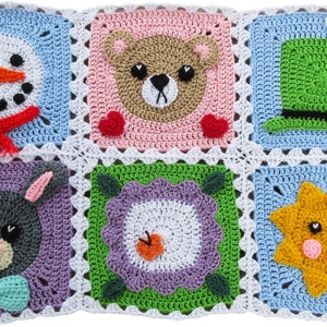 May include: A crochet blanket with six colorful squares featuring different animal and nature designs. The squares include a snowman, a bear, a leprechaun hat, a bunny, a flower, and a sun.