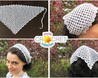 May include: A crocheted head covering in a triangular shape, featuring a delicate open weave. The color scheme includes white, light blue, and a hint of peach. The design is shown in multiple views, including on a person's head. The brand name "Jayda Crochet InStitches" is also visible.