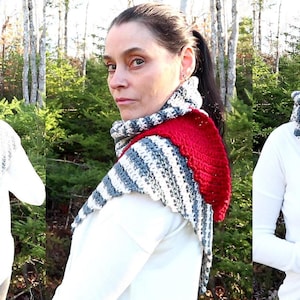 Puede incluir: Bufanda de ganchillo hecha a mano en tonos grises, blancos y rojos. La bufanda presenta un patrón de rayas y se lleva alrededor del cuello. La imagen también muestra el logotipo "Jayda Crochet In Stitches".