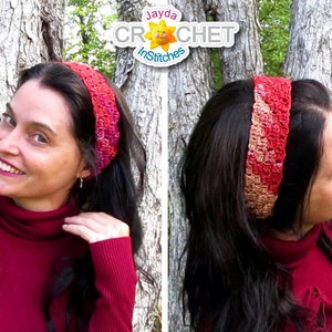 May include: A woman is wearing a red crocheted headband with a gradient of colors. The headband is wide and covers her forehead. The woman is wearing a red turtleneck sweater and has long dark hair.