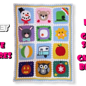 May include: A crochet calendar blanket with 12 colorful squares featuring different designs for each month of the year. The blanket is made with a granny square stitch and is 12 inches per square. The text "FANCY GRANNY SQUARE CALENDAR BLANKET" is written in pink letters on the right side of the image.
