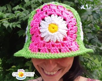 Daisy Granny Square Bucket Hat Crochet PATTERN PDF - for Children and Adults - Jayda InStitches