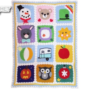 May include: A colorful crochet baby blanket with a variety of cute animal and holiday themed squares. The squares include a snowman, a bear, a leprechaun, a bunny, a sun, an apple, a beach ball, a camper, a pumpkin, an owl, and a Christmas ornament.
