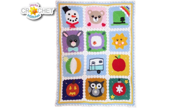 May include: A colorful crochet baby blanket with a variety of cute animal and holiday themed squares. The squares include a snowman, a bear, a leprechaun, a bunny, a sun, an apple, a beach ball, a camper, a pumpkin, an owl, and a Christmas ornament.