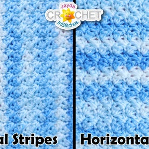 May include: Close-up of two crochet fabric samples with blue and white stripes. One sample features vertical stripes, and the other has horizontal stripes. The text "Vertical Stripes" and "Horizontal Stripes" is displayed below each sample. The image also includes a logo.