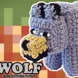 May include: A crocheted grey Minecraft wolf plush toy with black eyes and a yellow nose. The toy is standing on a pixelated background.