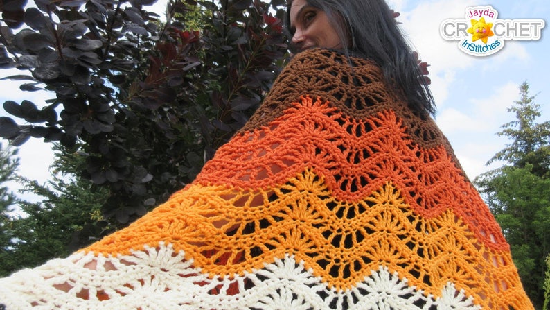 Autumn Moon Wrap Crochet PDF PATTERN Blanket Scarf, Feather & Fan Stitch Jayda InStitches image 3