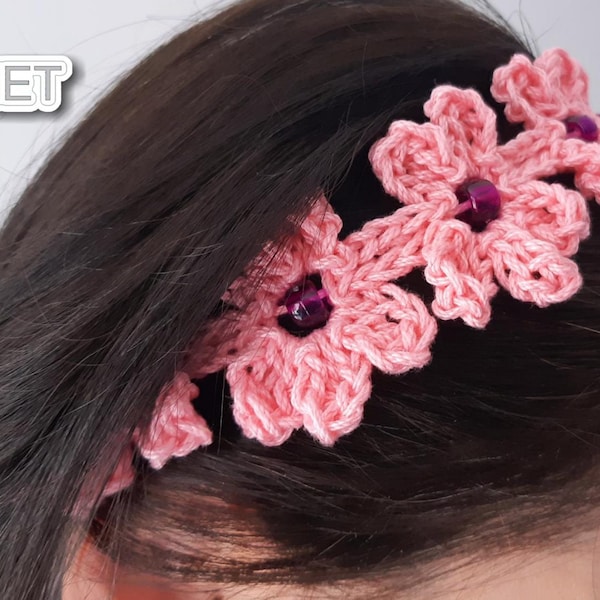 Cherry Blossom Beaded Hairband with Ties Crochet PATTERN PDF - for Children and Adults - Jayda InStitches