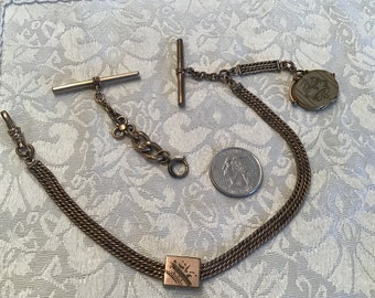 Antique 18k Gold Sterling Triple Chain Watch Lorgnette Chain Locket ~ Circa 1900's